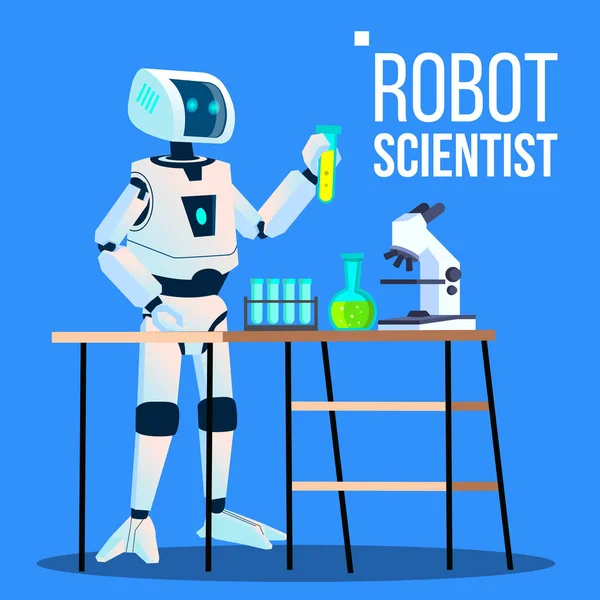 Robot Scientist Laboratory Chemist Standing With Flask Vector (en inglés). Ilustración aislada — Archivo Imágenes Vectoriales