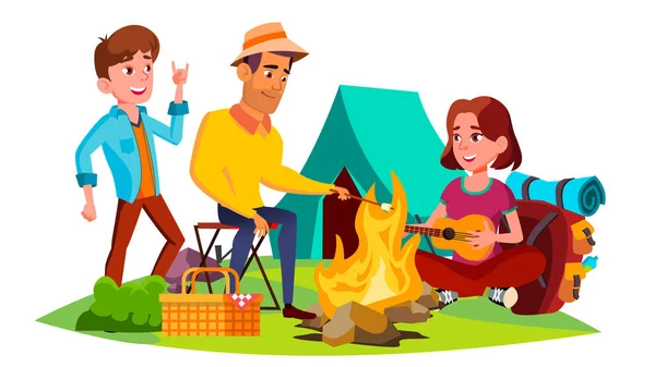 Teenagers Sitting Around Campfire And Have Fun Vector. Isolated Illustration — Stock Vector
