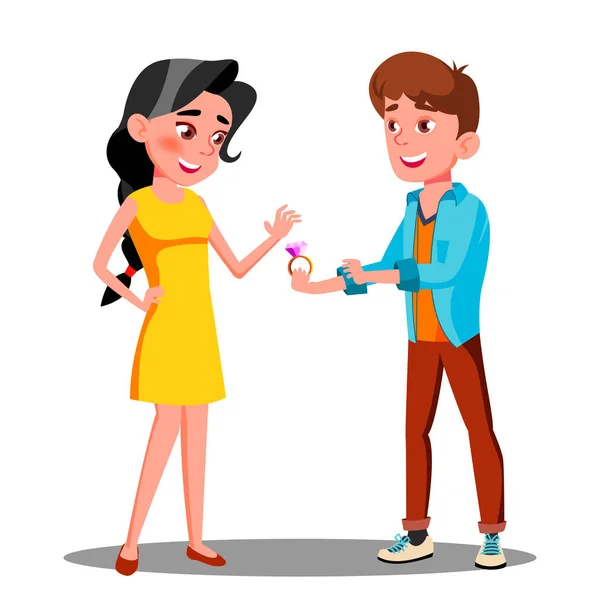 Νεαρός άνδρας δίνει ένα δαχτυλίδι αρραβώνων στο διάνυσμα ευτυχισμένος κορίτσι. Απομονωμένη εικονογράφηση — Διανυσματικό Αρχείο