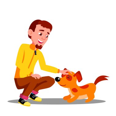 Genç adam gönüllü köpek barınağı vektörde besleme. İzole illüstrasyon