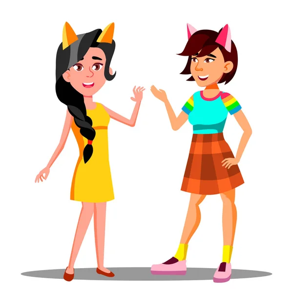 Cute Teen Girls With Cat Ears On Head Vector. Isolated Illustration — Stock Vector