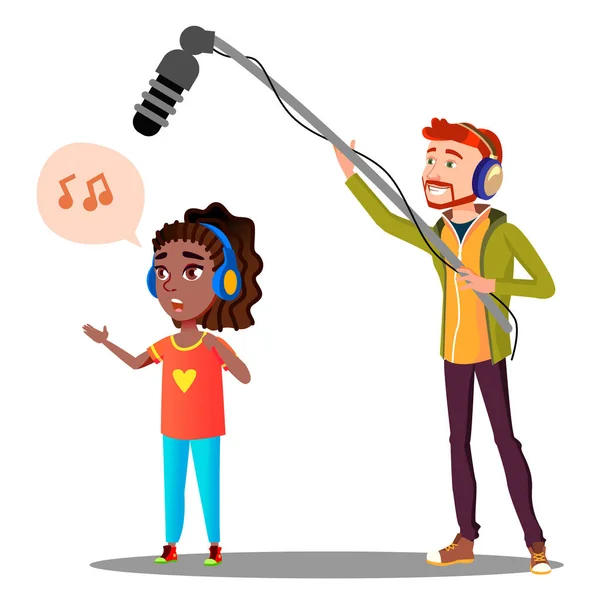 Young Girl Singer Recording A Song In The Studio Vector. Isolated Illustration — Stock Vector