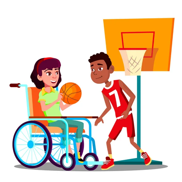 Fille handicapée heureuse sur fauteuil roulant jouant au basket-ball avec ami vecteur. Illustration isolée — Image vectorielle