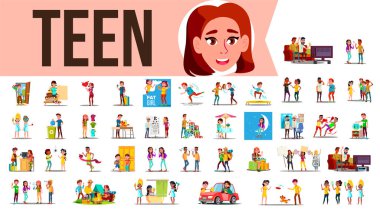 Teen vektör ayarlayın. Evde, açık birlikte vakit genç. Kız, adam. Yaşam tarzı durumlar. Karikatür çizim
