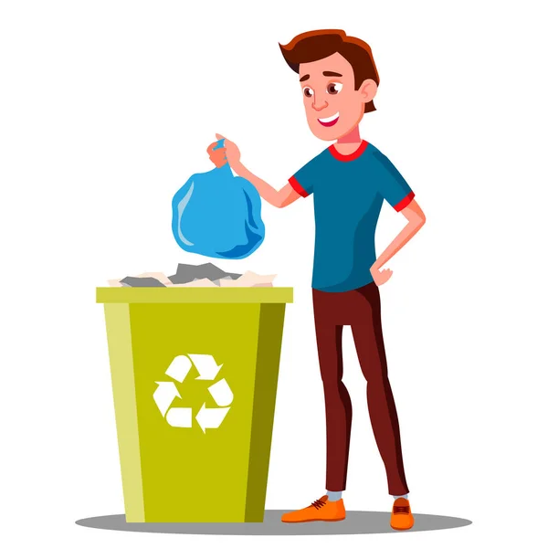 Junger Mann wirft Müllsäcke in Container. Vereinzelte Illustration — Stockvektor