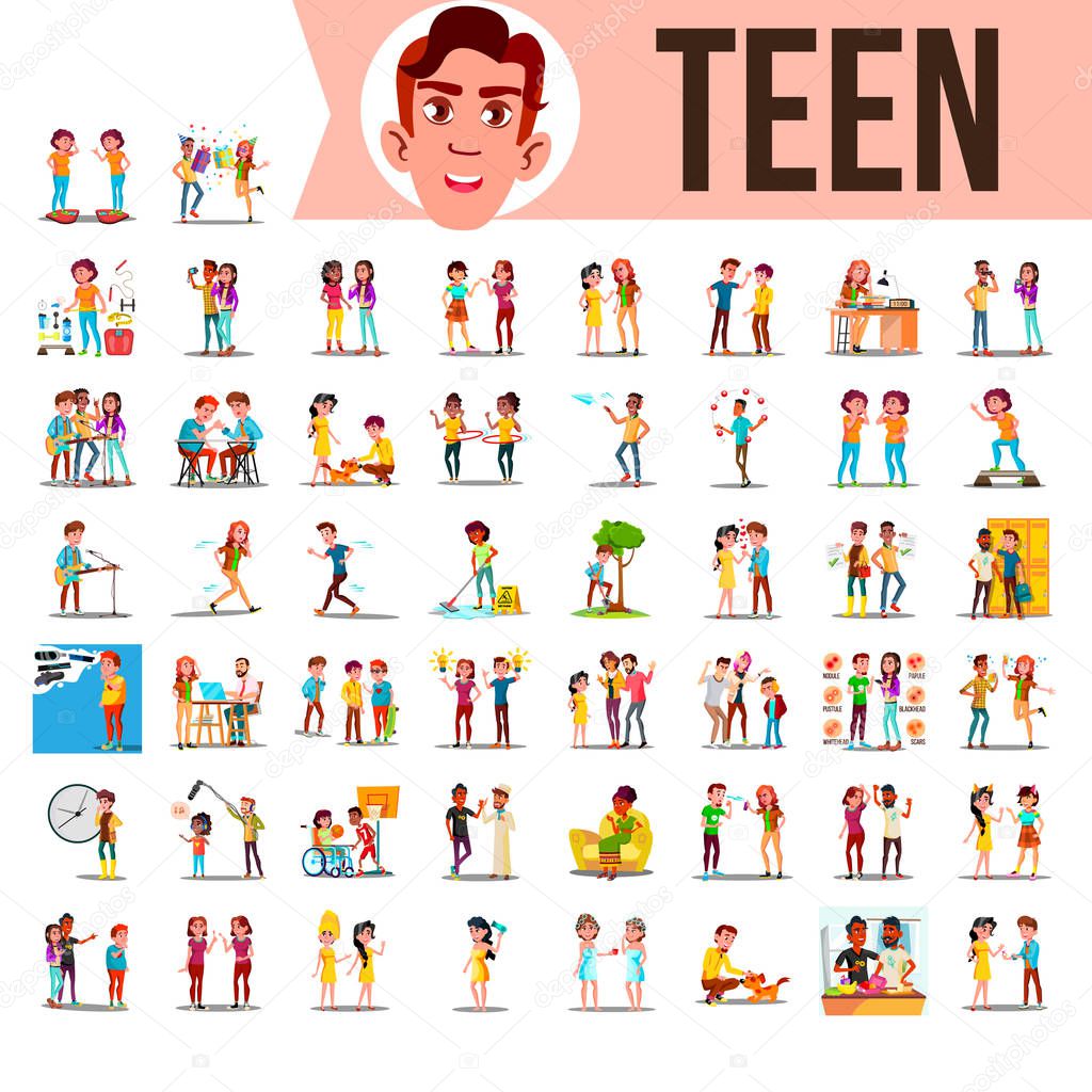 Teen Set Vector. Lifestyle Teenager Situations. Spending Time Together At Home, Outdoor. Isolated Cartoon Illustration