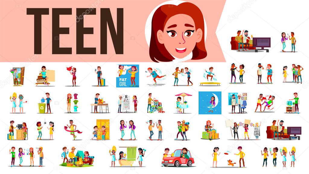 Teen Set Vector. Teenager Spending Time Together At Home, Outdoor. Girl, Guy. Lifestyle Situations. Cartoon Illustration