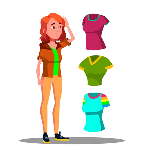 Молодая девушка выбирает рубашку, платья вектор. Изолированная иллюстрация — стоковый вектор
