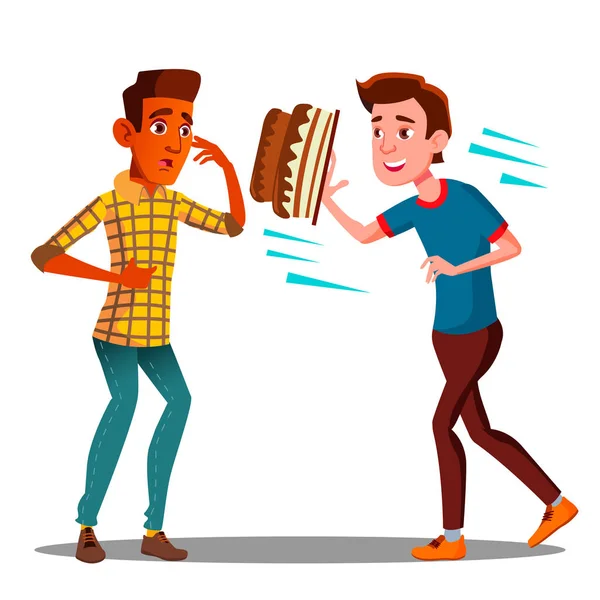 Ο νεαρός άντρας ρίχνουν ένα κέικ απέναντι σε έναν φίλο για το αστείο διάνυσμα. Απομονωμένη εικονογράφηση — Διανυσματικό Αρχείο