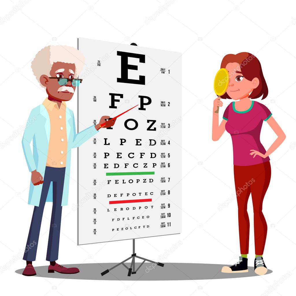 Teen Girl Making Test Chart In Ophthalmologist s Cabinet Vector. Isolated Illustration