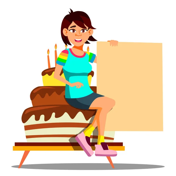 美丽的亚洲女孩坐在一个大党蛋糕与空横幅向量。孤立的插图 — 图库矢量图片