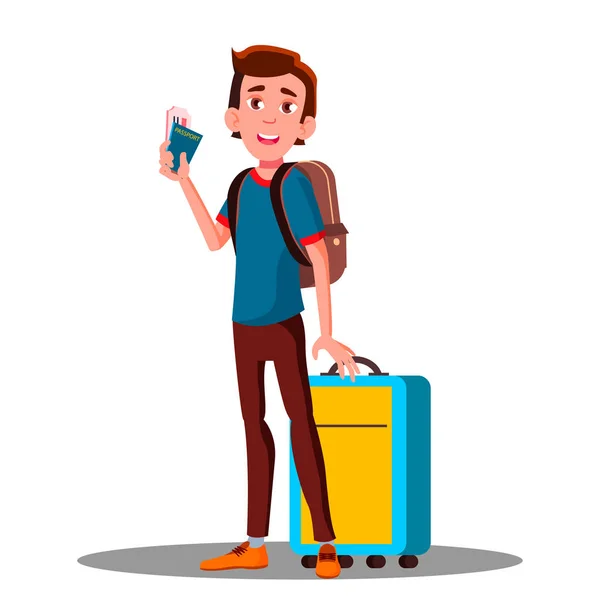 Jovem Cool Happy Guy No Aeroporto Com Mala, Passaporte, Bilhetes Vector. Ilustração isolada — Vetor de Stock