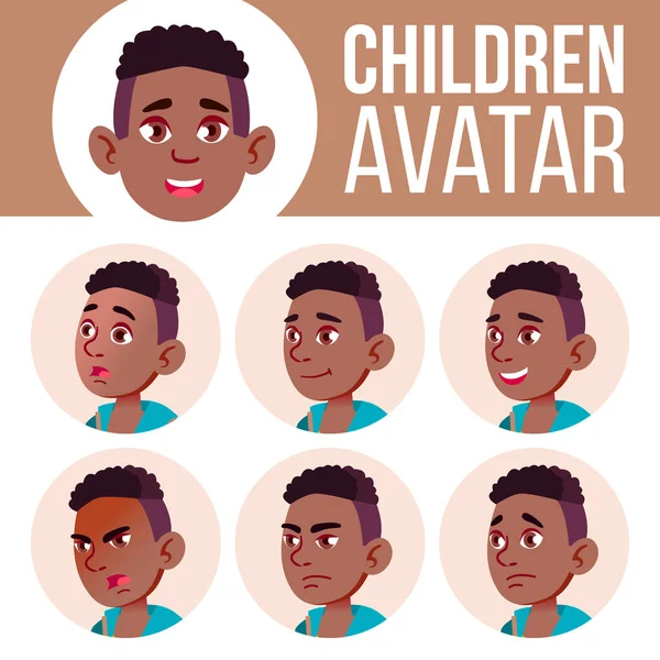 Мальчик Аватар Вектор Ребенка. Чёрный. Афроамериканец. Старшая школа. Лицо эмоций. Высокий, ребенок-ученик. Маленький, Младший. Карикатурная голова — стоковый вектор