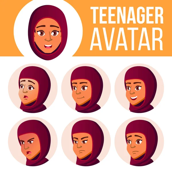 Dospívající dívka Avatar Set vektor. Arabské, muslimské. Tvář emoce. Ploché, portrét. Roztomilý, Comic, www. Kreslený obrázek hlavy — Stockový vektor