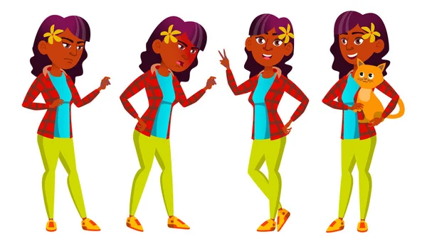 Teen Girl Poses Set Vector. Indian, Hindu. Asian. Friendly, Cheer. For Banner, Flyer, Brochure Design. Isolated Cartoon Illustration — Stock Vector