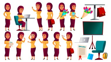 Genç kız Set vektör teşkil etmektedir. Arap, Müslüman. Eğlenceli, neşeli. Web, Poster, kitapçık tasarımı için. İllüstrasyon izole karikatür