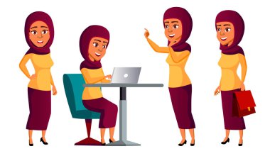 Genç kız Set vektör teşkil etmektedir. Arap, Müslüman. Şirin, komik. Sevinç. Kartpostal, duyuru, kapak tasarımı için. İllüstrasyon izole karikatür