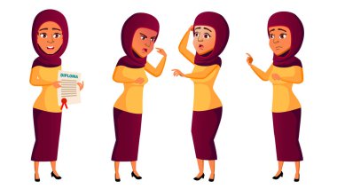 Genç kız Set vektör teşkil etmektedir. Arap, Müslüman. Etkin, ifade. Tanıtım, baskı, davetiye tasarım için. İllüstrasyon izole karikatür
