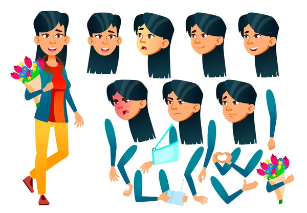 Asiatische Teenager Mädchen Vektor. Teenager. Aktivität, schön. Gesicht Emotionen, verschiedene Gesten. Animationsset. isoliert flache Zeichentrickfigur Illustration — Stockvektor
