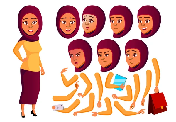 Teen Girl Vector. Teenager. Arab, Muslim. Funny, Friendship. Face Emotions, Various Gestures. Animation Creation Set. Isolated Flat Cartoon Character Illustration