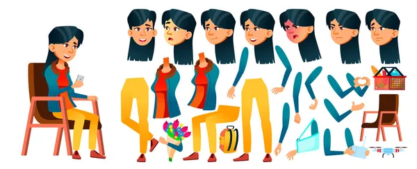 Vektor Gadis Remaja Asia. Animasi Penciptaan Ditata. Emosi wajah, Gestur. Orang Positif. Animasi. Untuk Web, Brochure, Poster Design. Ilustrasi Kartun Terisolasi - Stok Vektor