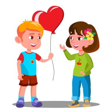 Küçük çocuk kız kırmızı kalp balon vektör verir. İllüstrasyon