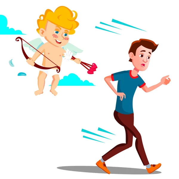 Frightened Teen Guy Running From Valentine s Day Cupid Vector. Illustration — Stock Vector