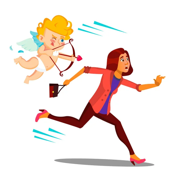 Wanita yang ketakutan berlari dari Valentine 's Day Cupid Vector. Ilustrasi - Stok Vektor