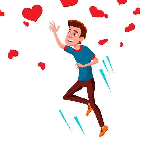 Teen Guy Catching Flying Hearts Vector. Ilustração —  Vetores de Stock