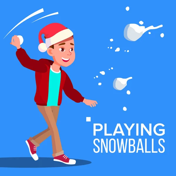 Παιδί αγόρι στο καπέλο Santa, παίζει διάνυσμα χιονόμπαλες. Εικονογράφηση — Διανυσματικό Αρχείο