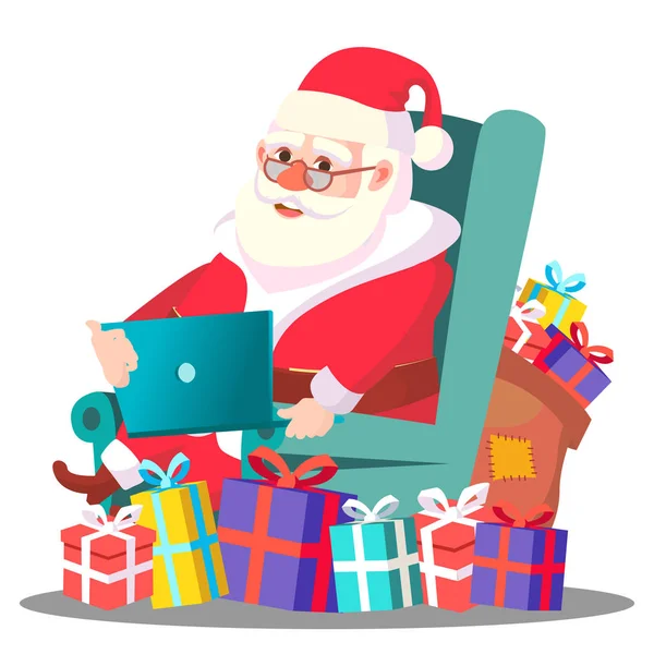 Weihnachtsmann auf dem Stuhl mit Laptop-Vektor. Illustration — Stockvektor
