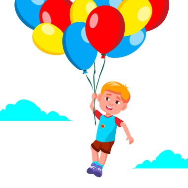 Gökyüzünde uçan balonlar vektör üzerinde mutlu bir çocuk çocuk. İllüstrasyon