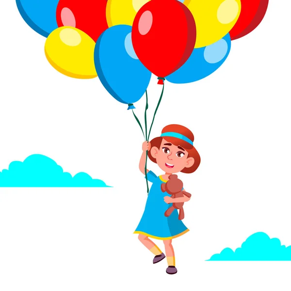 Menina feliz voando no céu em balões Vector. Ilustração —  Vetores de Stock