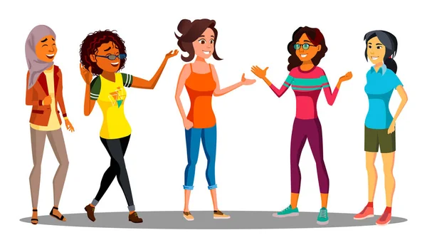 Groupe multiculturel de femmes heureuses ensemble vecteur. Illustration — Image vectorielle
