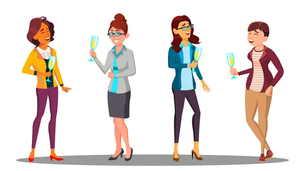 手のベクトルにシャンパンのグラスを持つ幸せな女性のグループ。図 — ストックベクタ