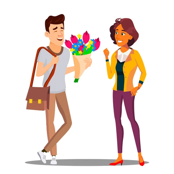 Muž dává žena vektorové květiny. Ilustrace — Stockový vektor
