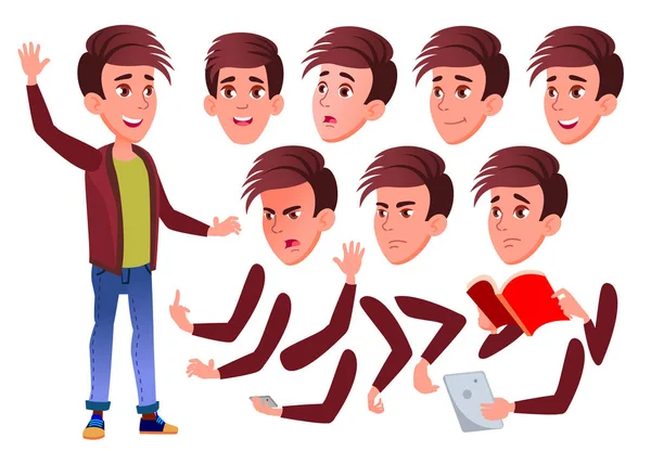 Teen Boy Vector. Teenager. Positive Person. Face Emotions, Various Gestures. Animation Creation Set. Isolated Flat Cartoon Character Illustration — Stock Vector