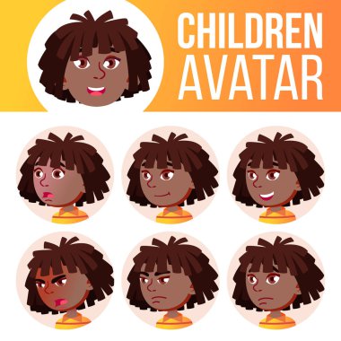 Kız Avatar Set çocuk vektör. Siyah. Afro Amerikalı. İlköğretim Okulu. Yüz duygular. Çocuklar. Güzellik, yaşam tarzı. Kartpostal, duyuru. Karikatür Head illüstrasyon