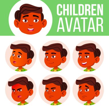 Oğlum Avatar çocuk vektör ayarlayın. Hint, Hindu. Asya. İlköğretim Okulu. Yüz duygular. Çocuklar. Güzellik, yaşam tarzı. Kartpostal, duyuru. Karikatür Head illüstrasyon