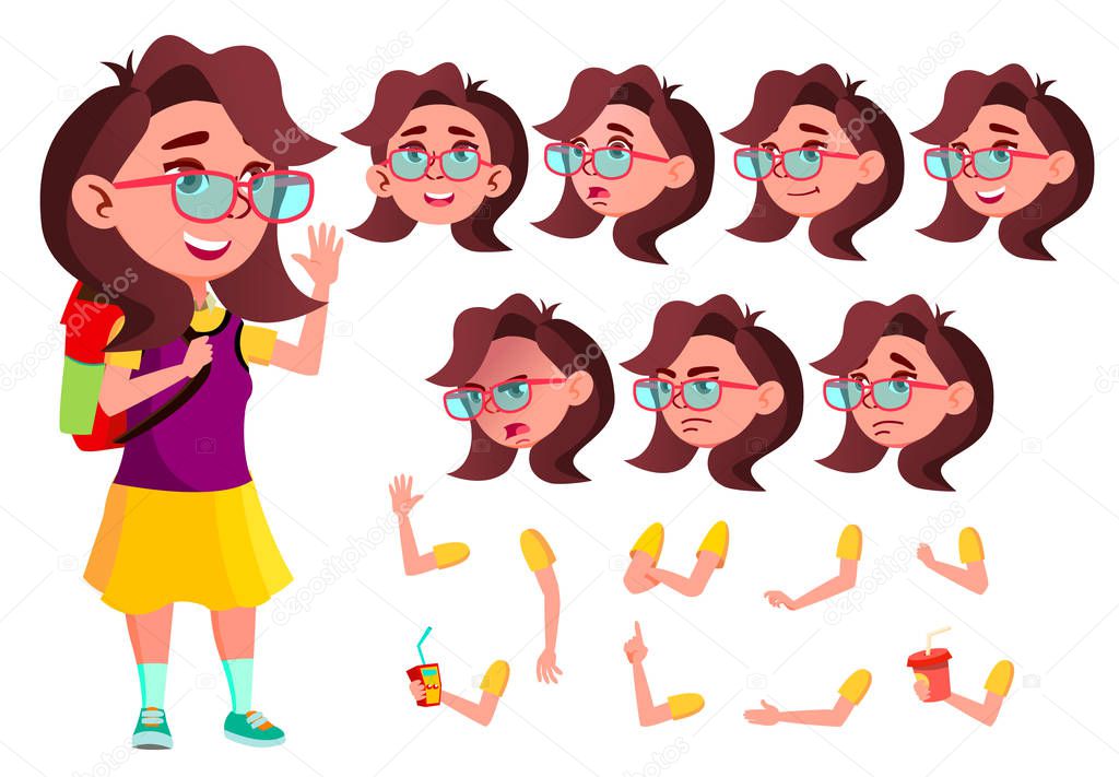 Girl, Child, Kid, Teen Vector. Schoolchildren, Teen. Face Emotions, Various Gestures. Animation Creation Set. Isolated Flat Cartoon Character Illustration