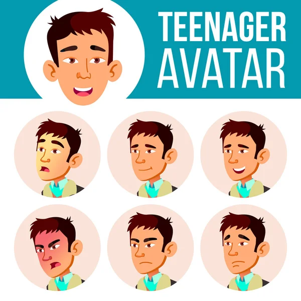 Teen Boy Avatar Set Vector. Emoções faciais Asiáticas. Facial, pessoal. Positivo. Desenhos animados cabeça ilustração —  Vetores de Stock