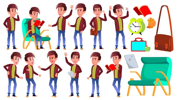 Boy Schoolboy Kid Poses Set Vector. Niño de secundaria. Estudio de niños. Conocimiento, aprendizaje, lección. Para Publicidad, Placa, Diseño de Impresión. Ilustración de dibujos animados aislados — Vector de stock