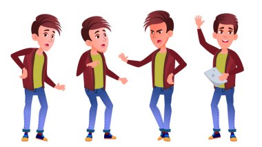 Çocuk okul çocuğu çocuk Set vektör teşkil etmektedir. Lise çocuk. Sınıf arkadaşı. Genç, sınıf, oda. Reklam, broşür, afiş tasarımı için. İllüstrasyon izole karikatür
