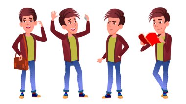 Çocuk okul çocuğu çocuk Set vektör teşkil etmektedir. Lise çocuk. Genç. Kitap, çalışma alanı, yönetim kurulu. Web, broşür, afiş tasarımı için. İllüstrasyon izole karikatür