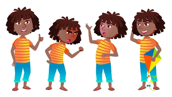 Gadis sekolahan Kid Poses Set Vector. Hitam. Afro Amerika. Anak SMA. Pendidikan Menengah. Muda, Cute, Comic. Untuk Presentasi, Cetak, Desain Undangan. Ilustrasi Kartun Terisolasi - Stok Vektor