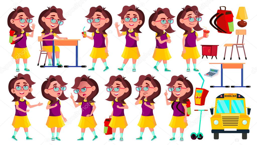 Girl Schoolgirl Kid Poses Set Vector. High School Child. Teenage. Beauty, Lifestyle, Friendly. For Postcard, Announcement, Cover Design. Isolated Cartoon Illustration