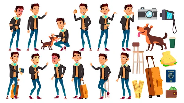 Asian Teen Boy Poses Set Vector. Activo, Expressão. Para Apresentação, Impressão, Convite Design. Ilustração de desenhos animados isolados —  Vetores de Stock