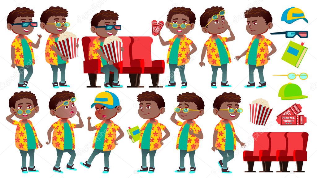 Boy Schoolboy Kid Poses Set Vector. Black. Afro American. Primary School Child. Comic Classmate. Autumn, Class. For Presentation, Invitation, Card Design. Isolated Cartoon Illustration