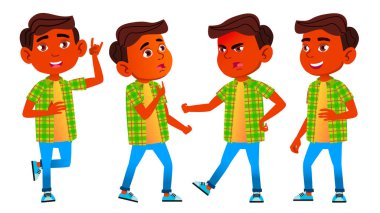Çocuk okul çocuğu çocuk Set vektör teşkil etmektedir. Hint, Hindu. Asya. İlköğretim Okulu çocuk. Neşeli öğrenci. Genç, sınıf. Kartpostal, duyuru, kapak tasarımı için. İllüstrasyon izole karikatür