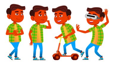 Çocuk okul çocuğu çocuk Set vektör teşkil etmektedir. Hint, Hindu. Asya. İlköğretim Okulu çocuk. Eğitim. Konu. Okul, Teen. Tanıtım, baskı, davetiye tasarım için. İllüstrasyon izole karikatür